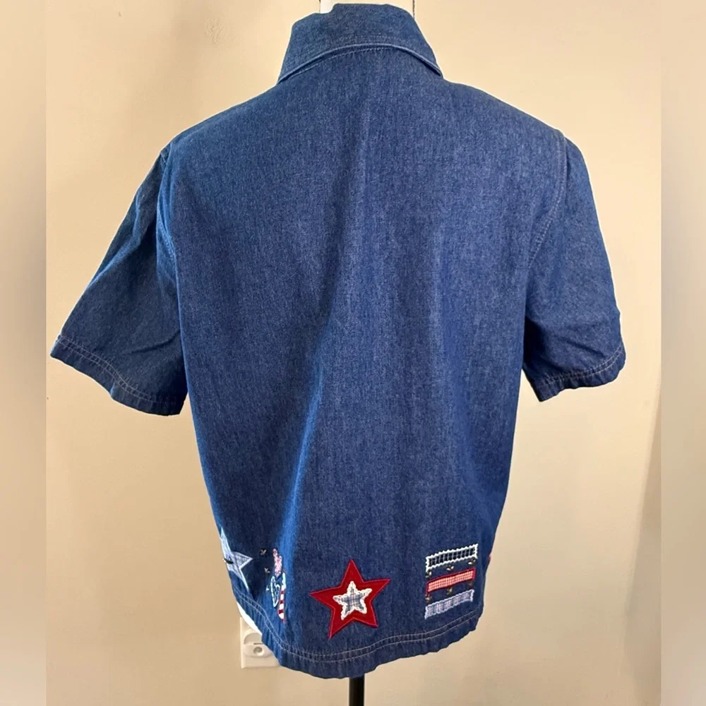 Koret vintage cotton denim patchwork embroidered short sleeve shirt SZ SM - Picture 4 of 12